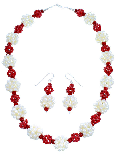 Sterling Silver Coral And Mother Of Pearl Bead Necklace And Earrings Set RX114170
